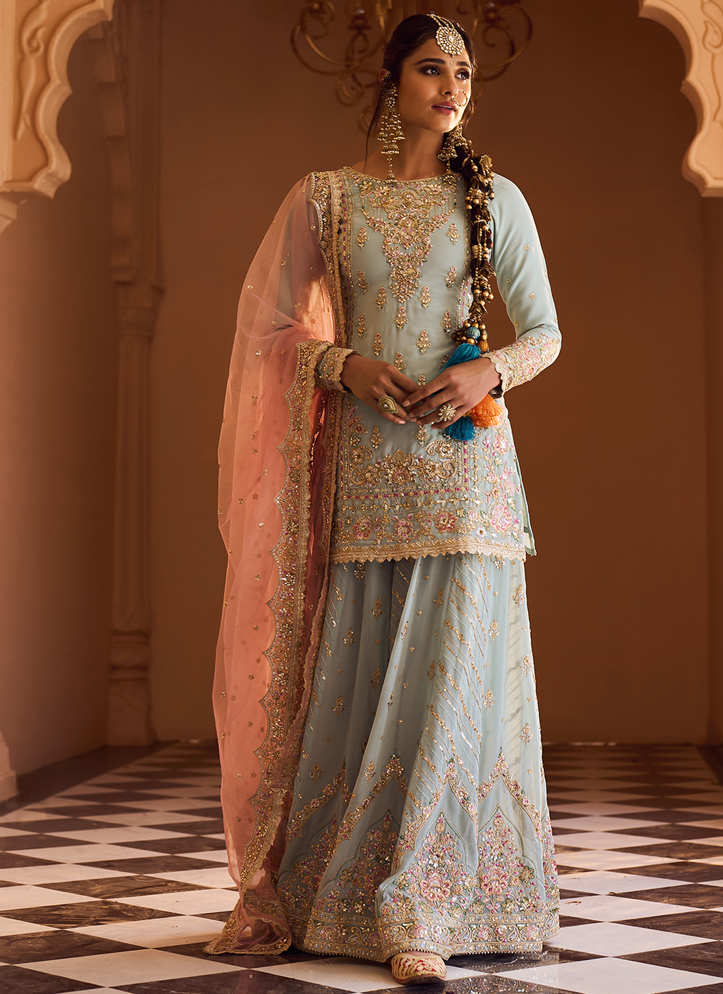 Dusty Mint and Pink Embroidered Sharara
