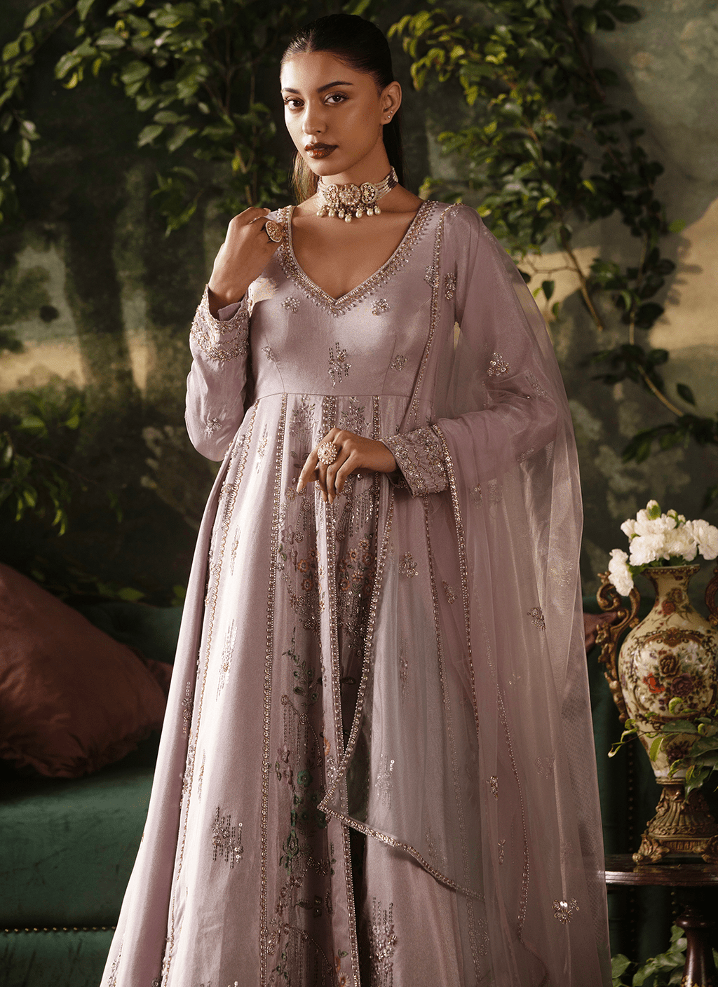 Lavender Embroidered Tissue Anarkali