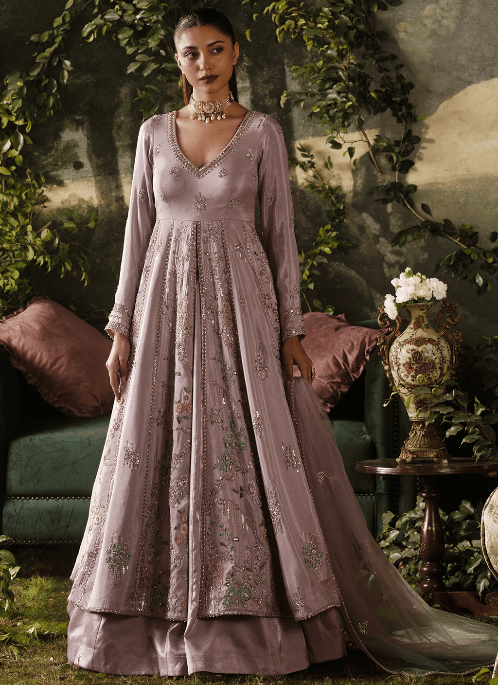 Lavender Embroidered Tissue Anarkali