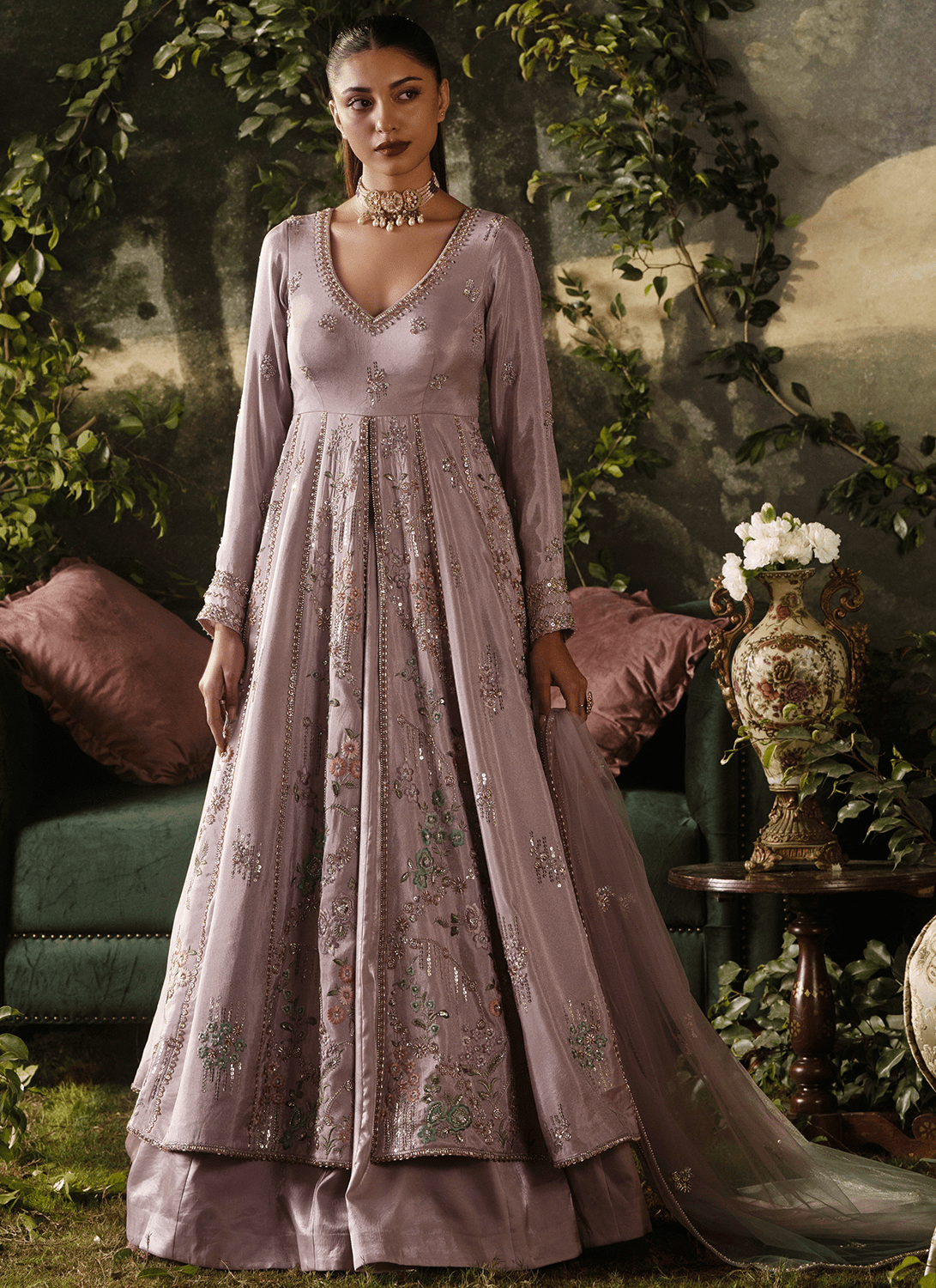 Lavender Embroidered Tissue Anarkali