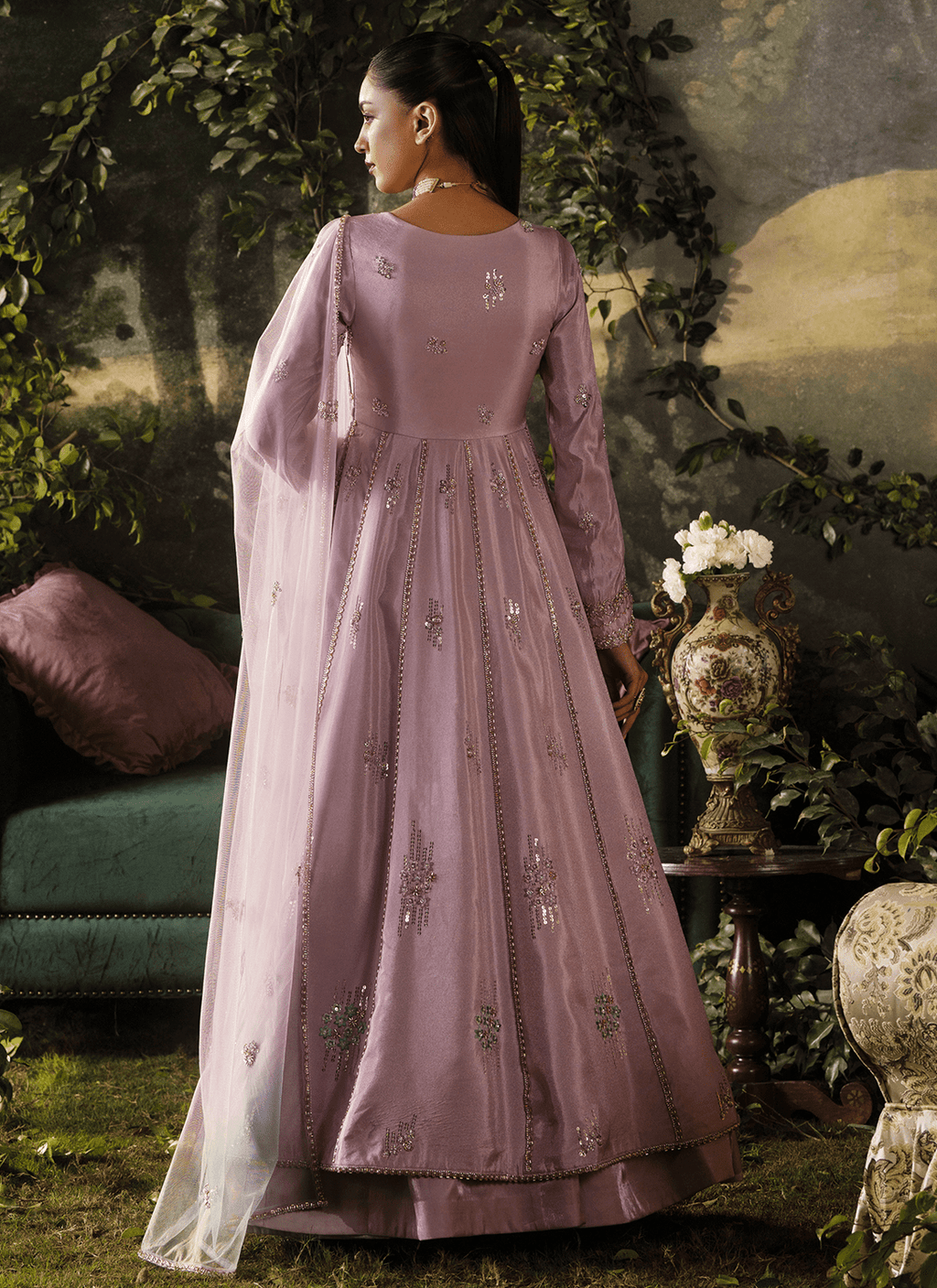 Lavender Embroidered Tissue Anarkali