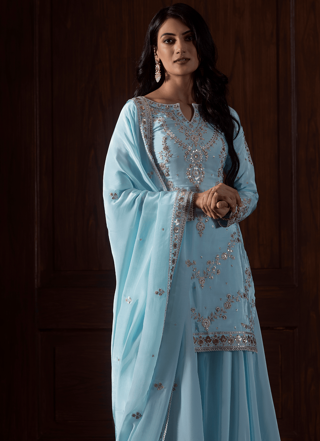 Light Blue Embroidered Crepe Sharara