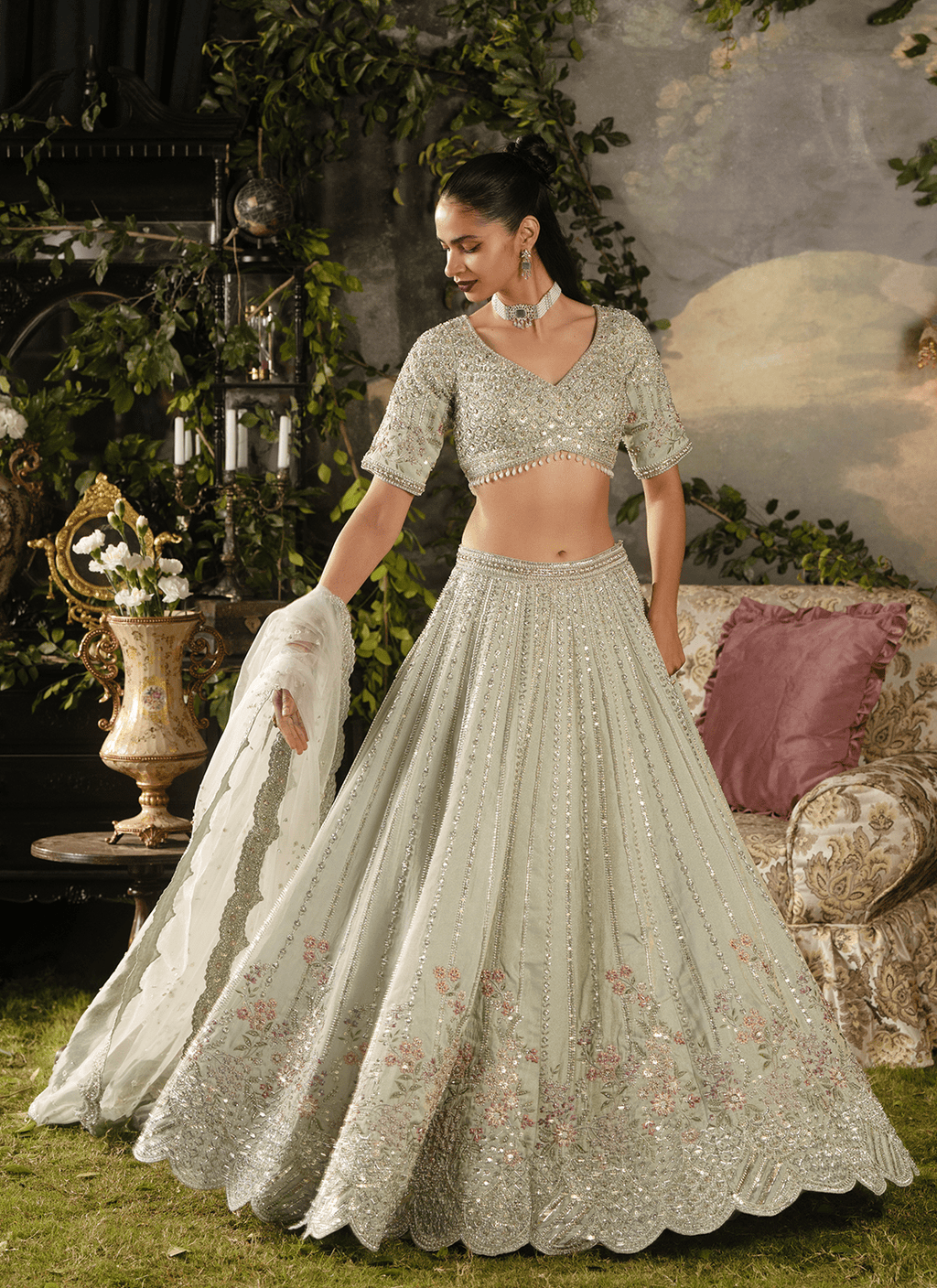 Light Dusty Green Embroidered Tissue Lehenga
