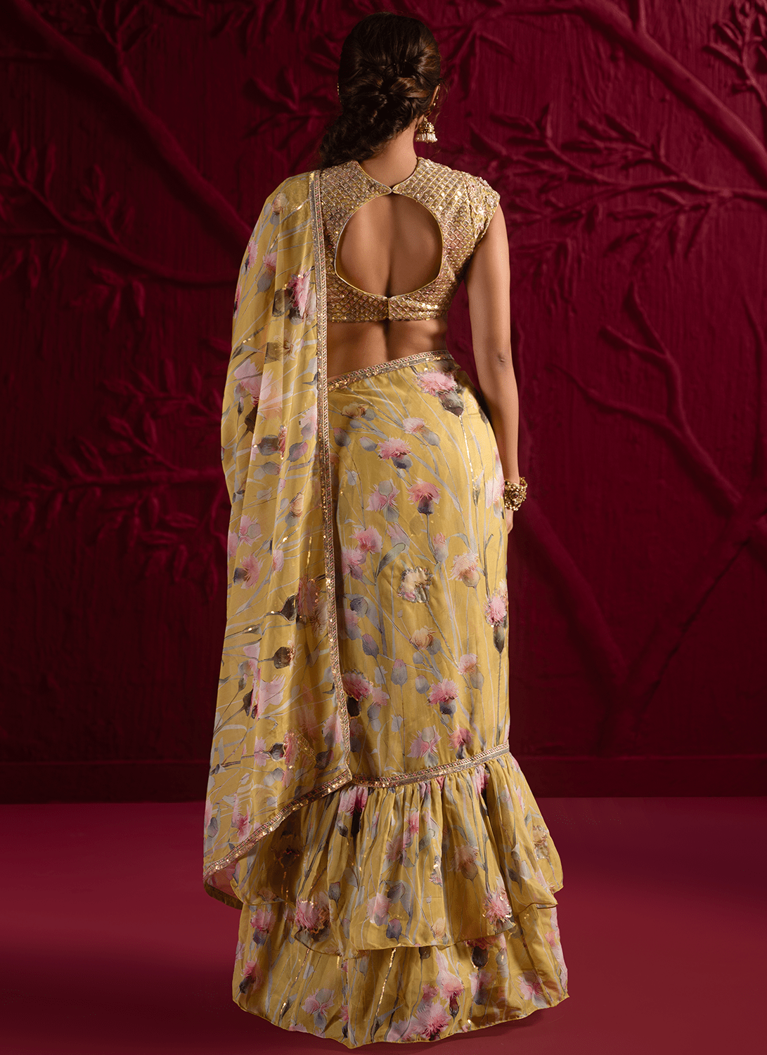 Light Dusty Green Floral Embroidered Organza Saree