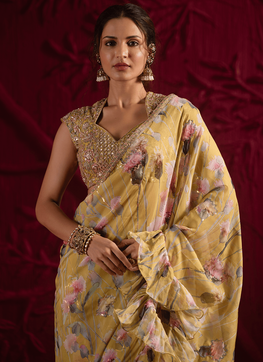 Light Dusty Green Floral Embroidered Organza Saree