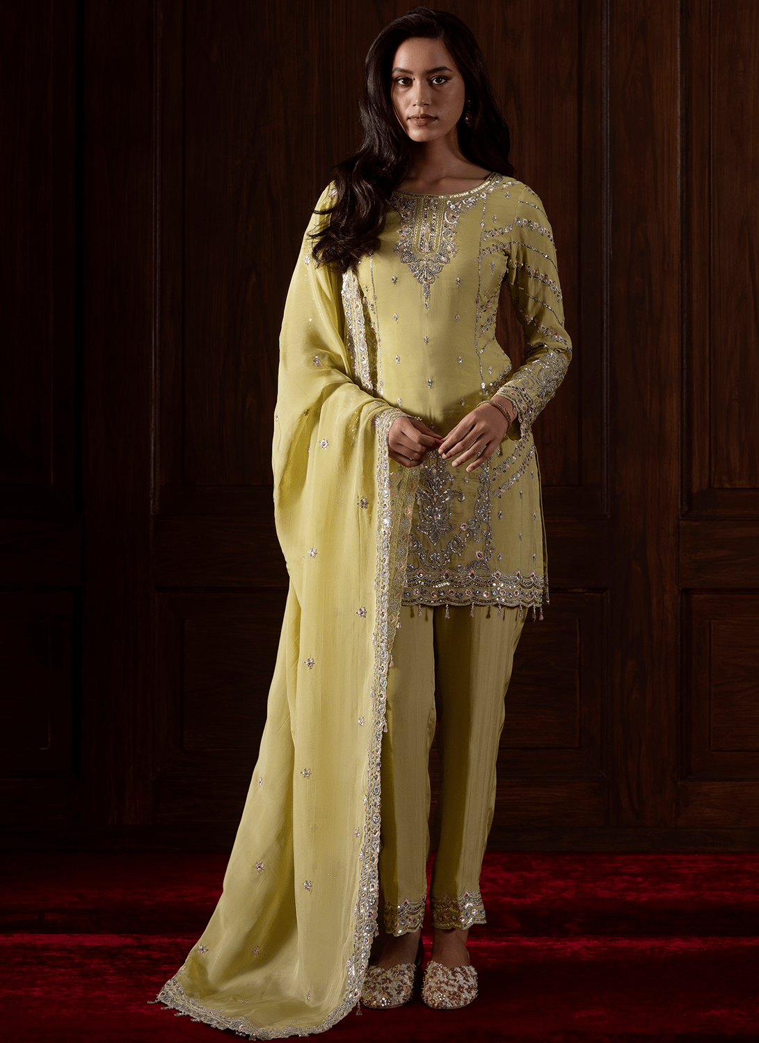 Lime Green Embroidered Viscose Organza Pant Suit