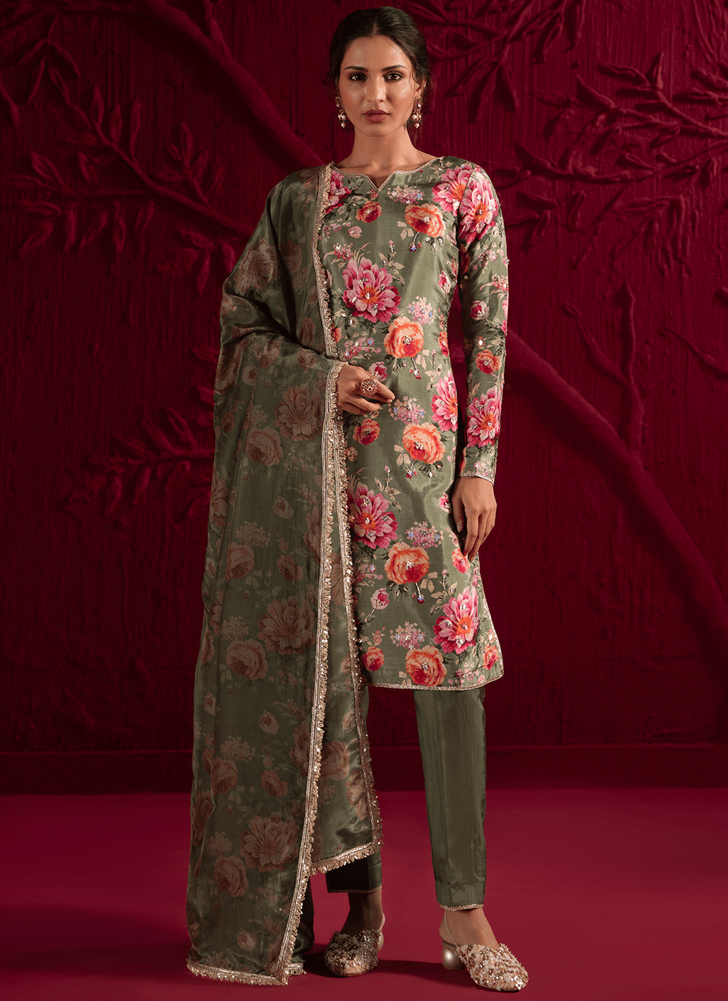 Mehendi Green Floral Embroidered Crepe Silk Pant Suit