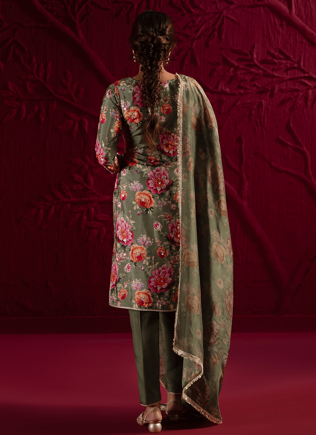 Mehendi Green Floral Embroidered Crepe Silk Pant Suit