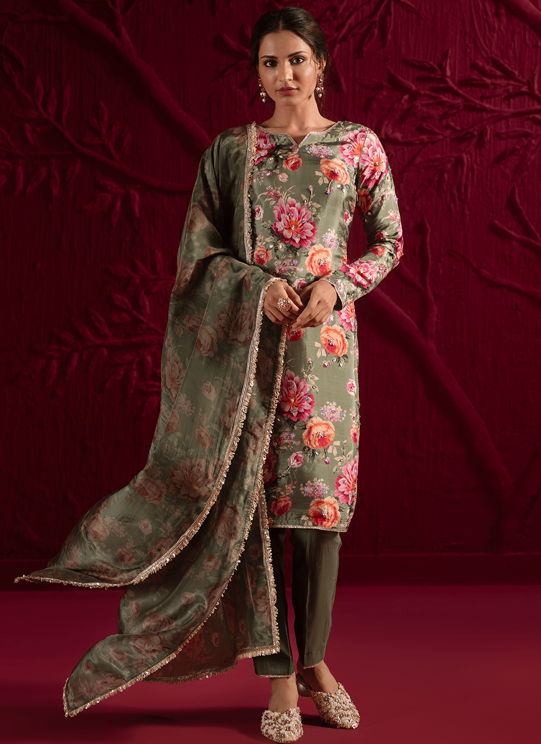 Mehendi Green Floral Embroidered Crepe Silk Pant Suit