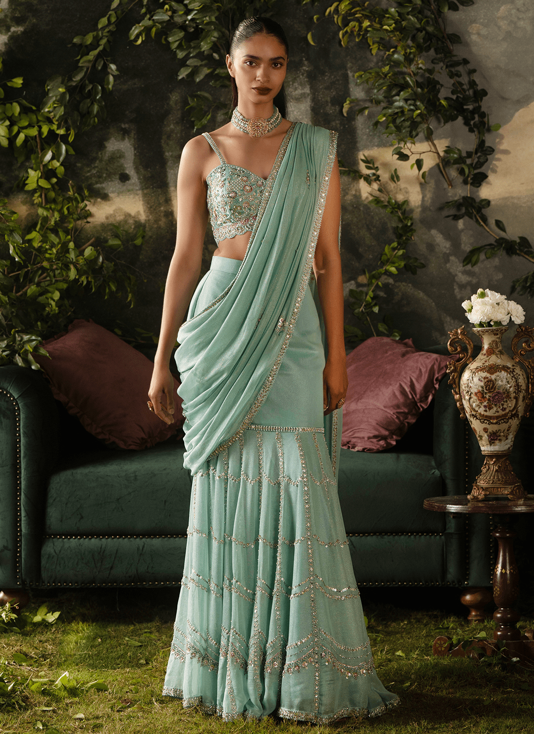 Mint Blue Embroidered Georgette Saree