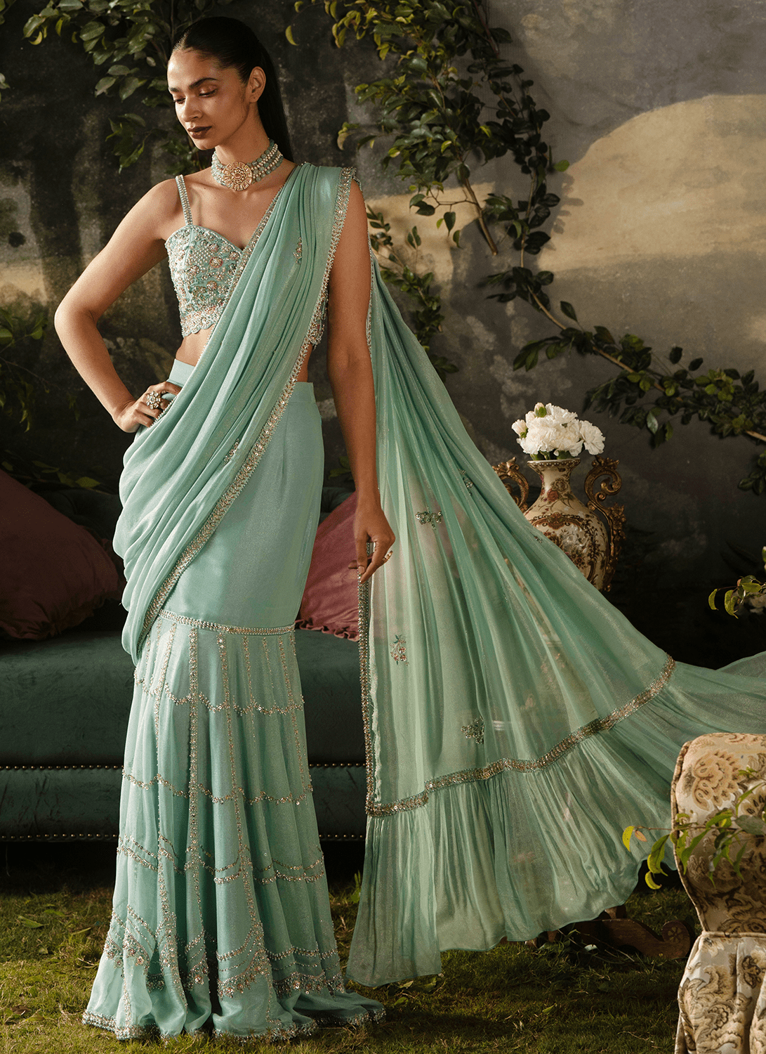 Mint Blue Embroidered Georgette Saree