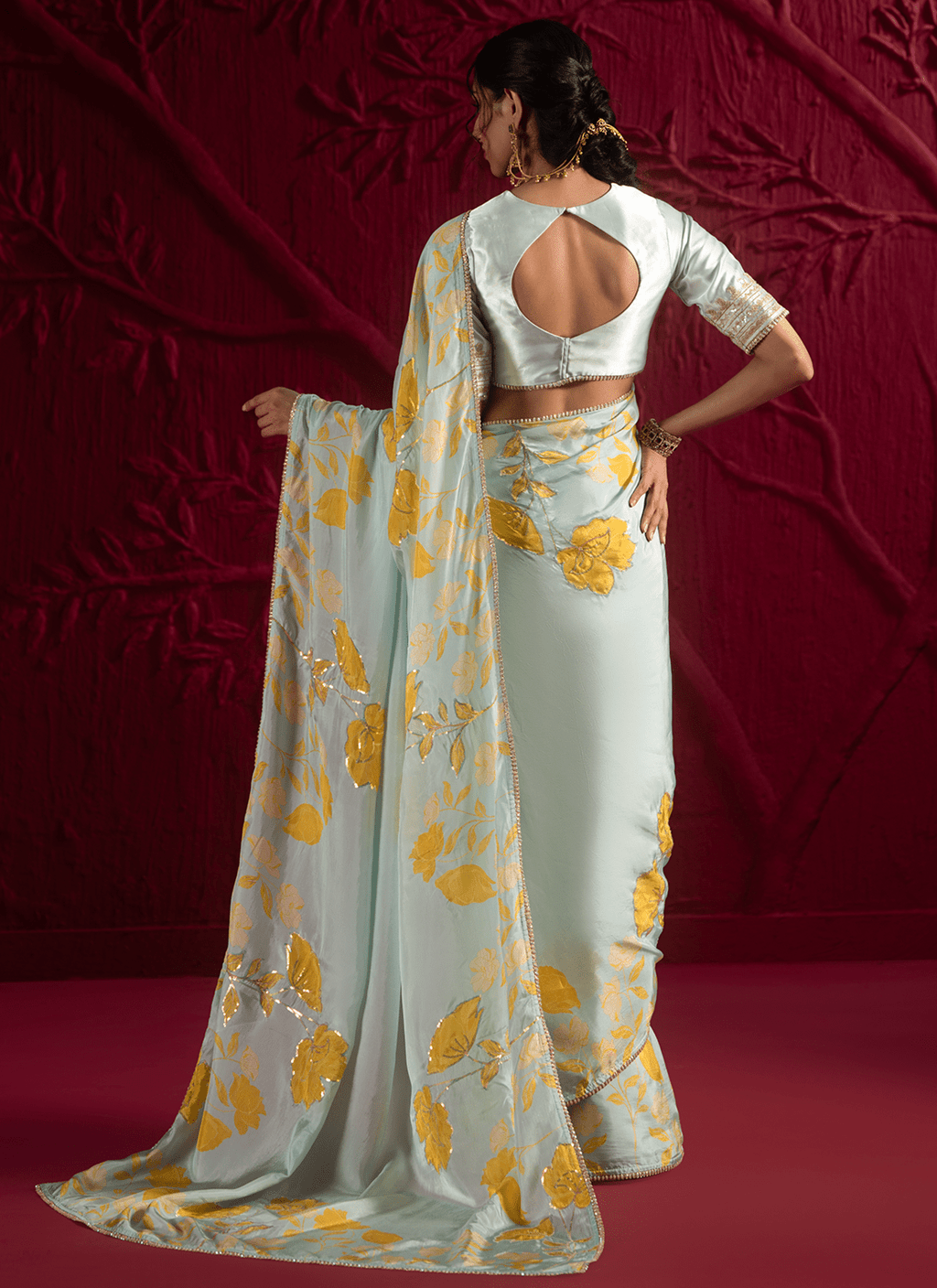 Mint Green Floral Embroidered Crepe Silk Saree