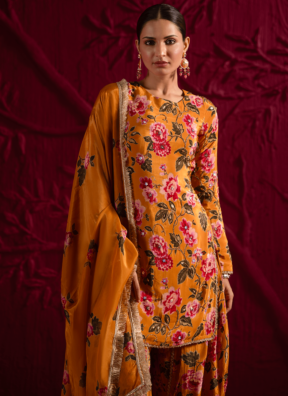 Mustard Floral Embroidered Crepe Punjabi Suit