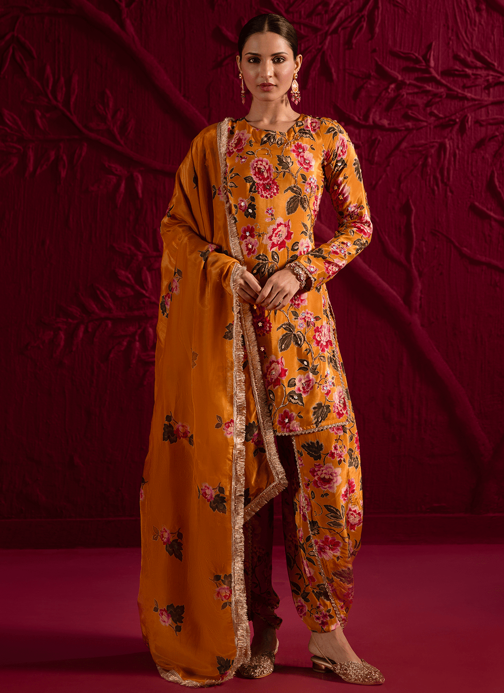 Mustard Floral Embroidered Crepe Punjabi Suit