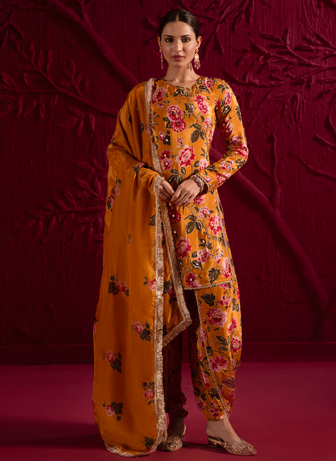 Mustard Floral Embroidered Crepe Punjabi Suit