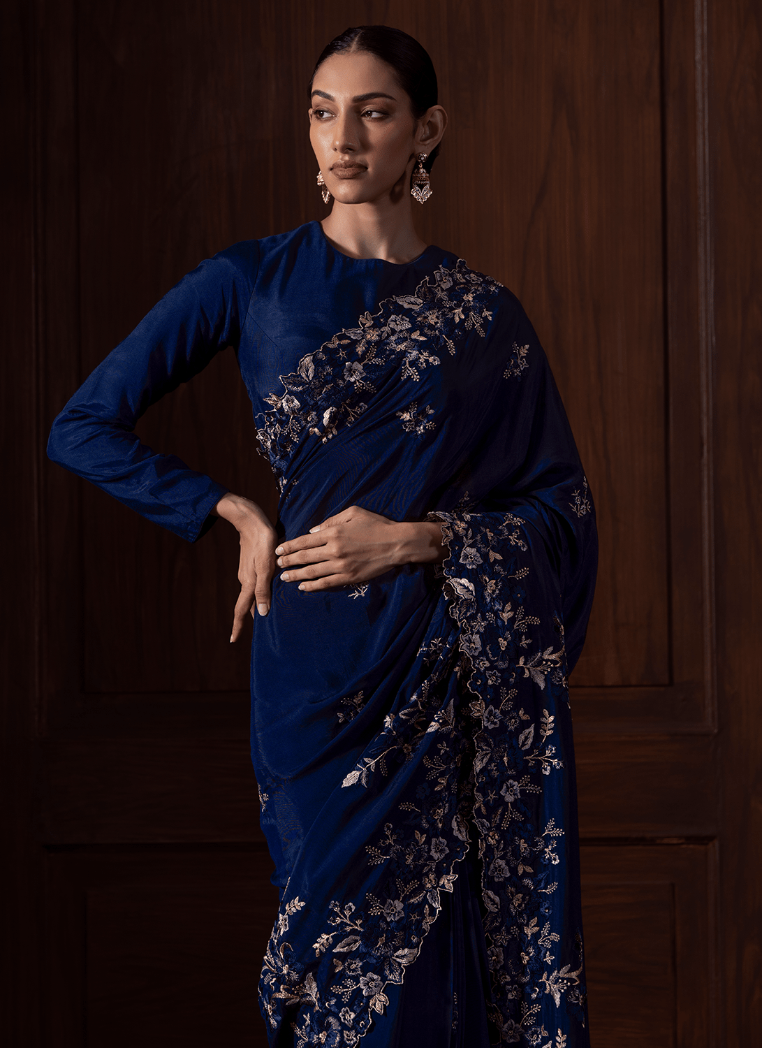 Navy Blue Embroidered Muslin Saree