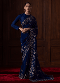 Navy Blue Embroidered Muslin Saree