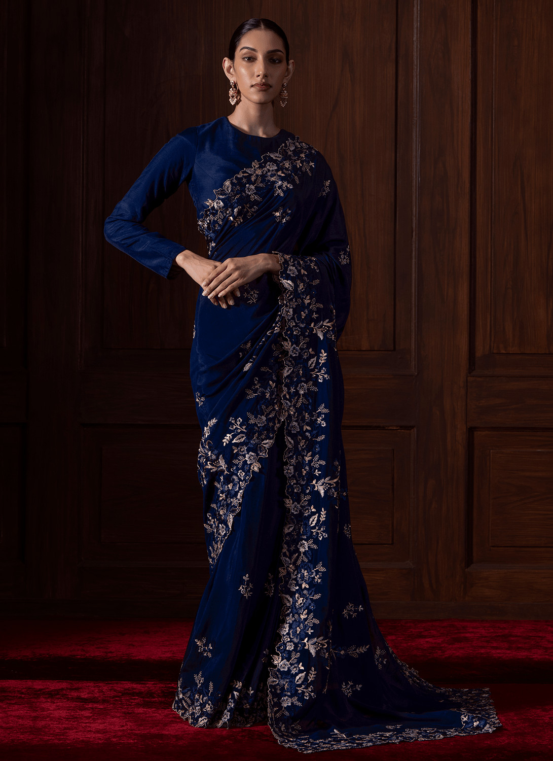 Navy Blue Embroidered Muslin Saree