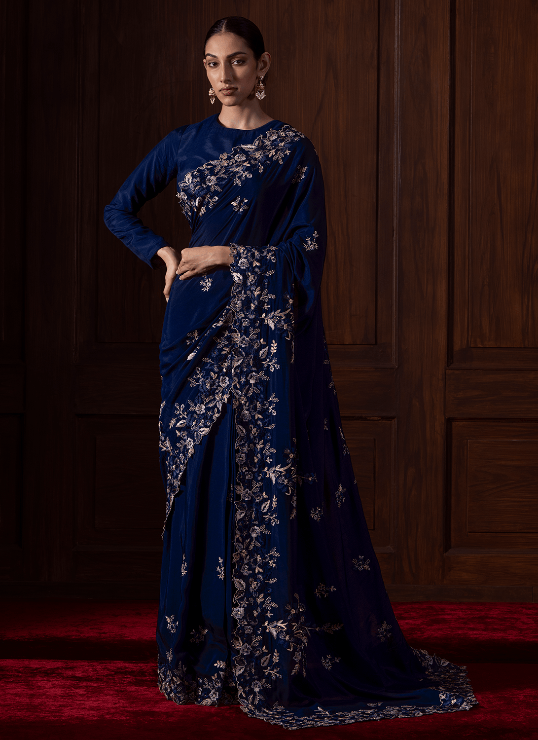 Navy Blue Embroidered Muslin Saree