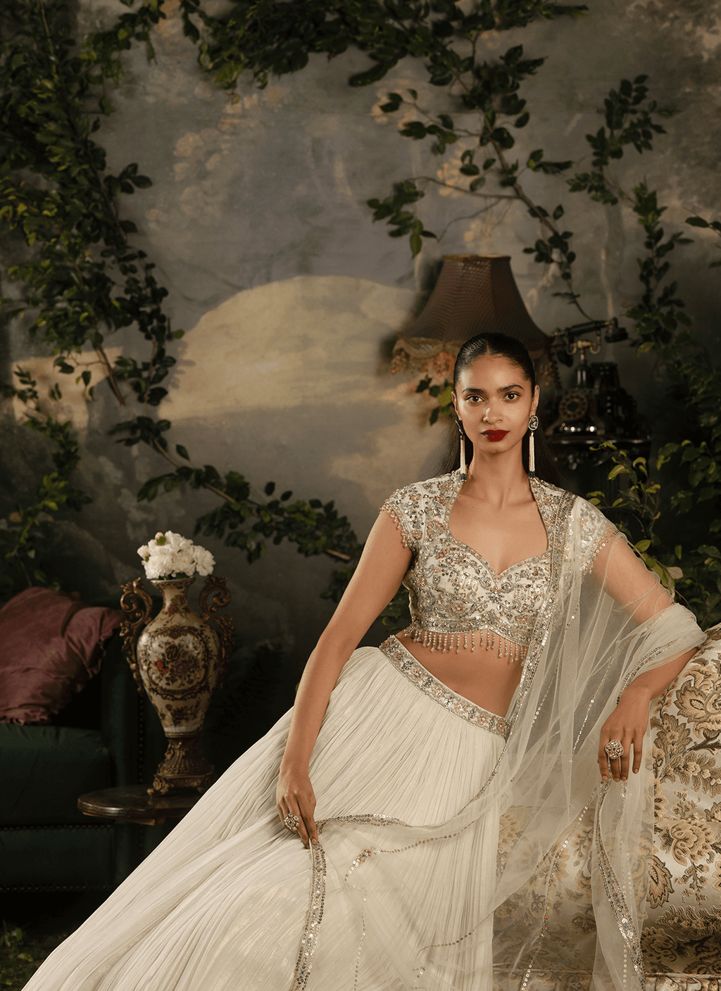 Off White Embroidered Georgette Lehenga