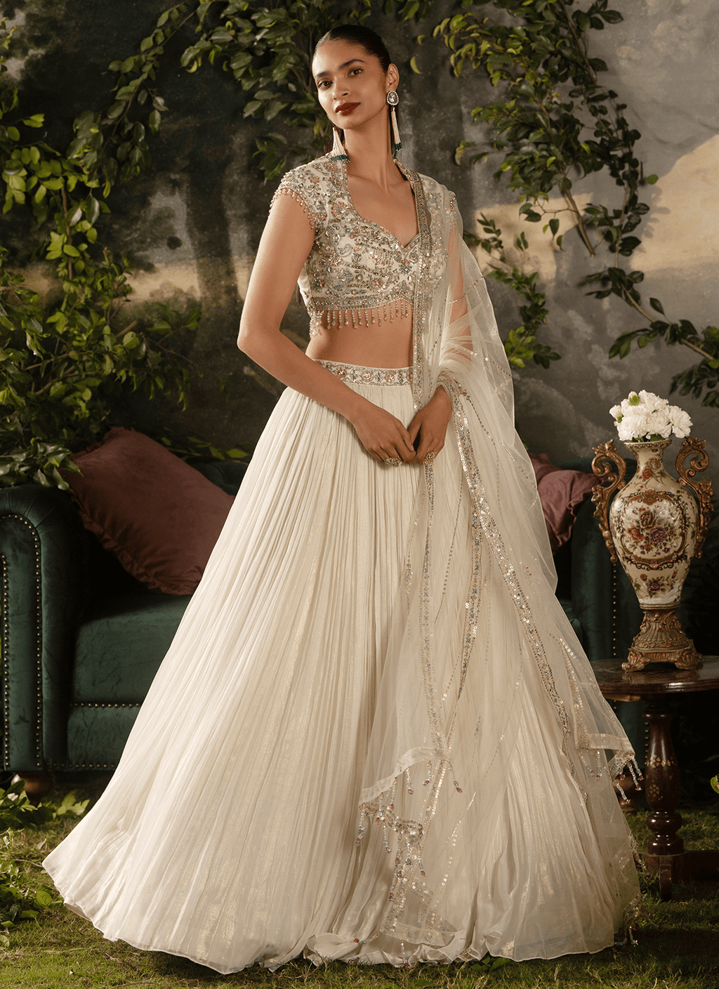 Off White Embroidered Georgette Lehenga