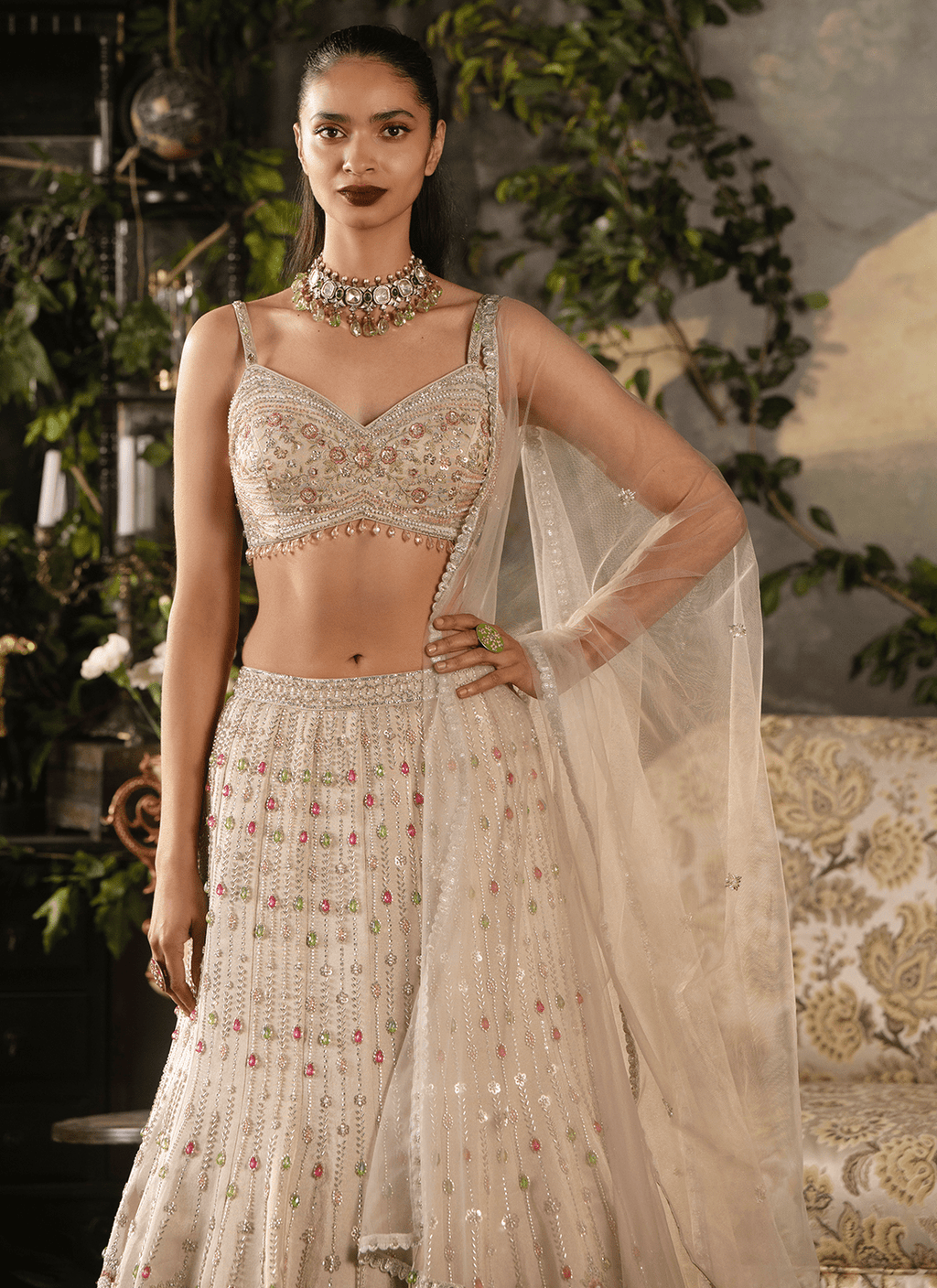 Off White Embroidered Tissue Lehenga