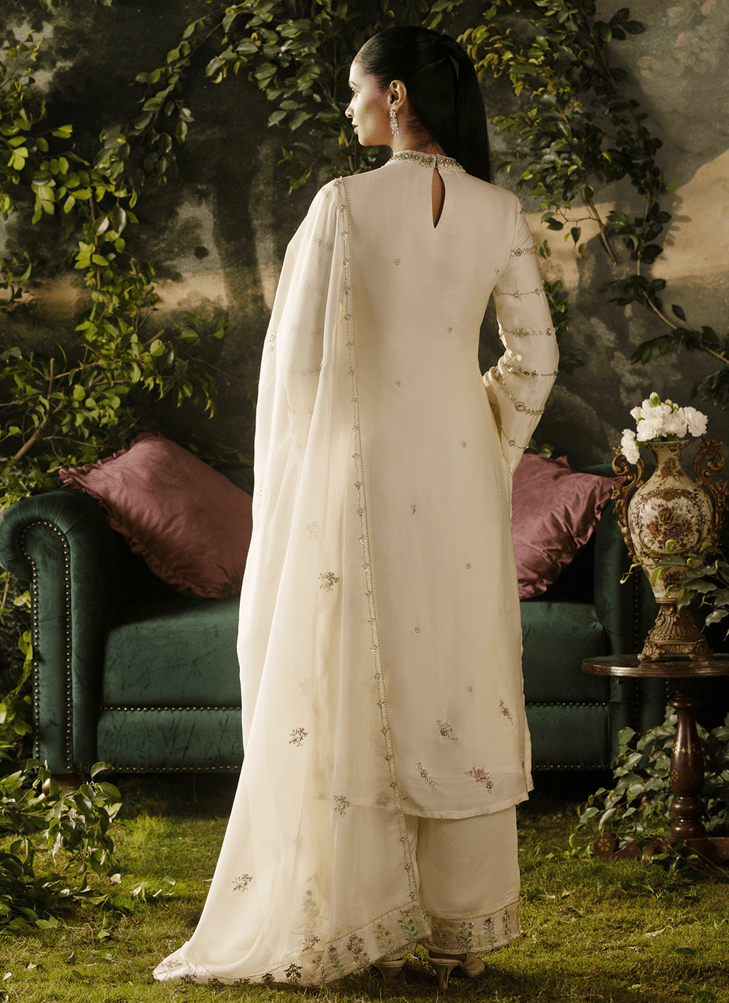 Off White Embroidered Viscose Satin Organza Straight Suit