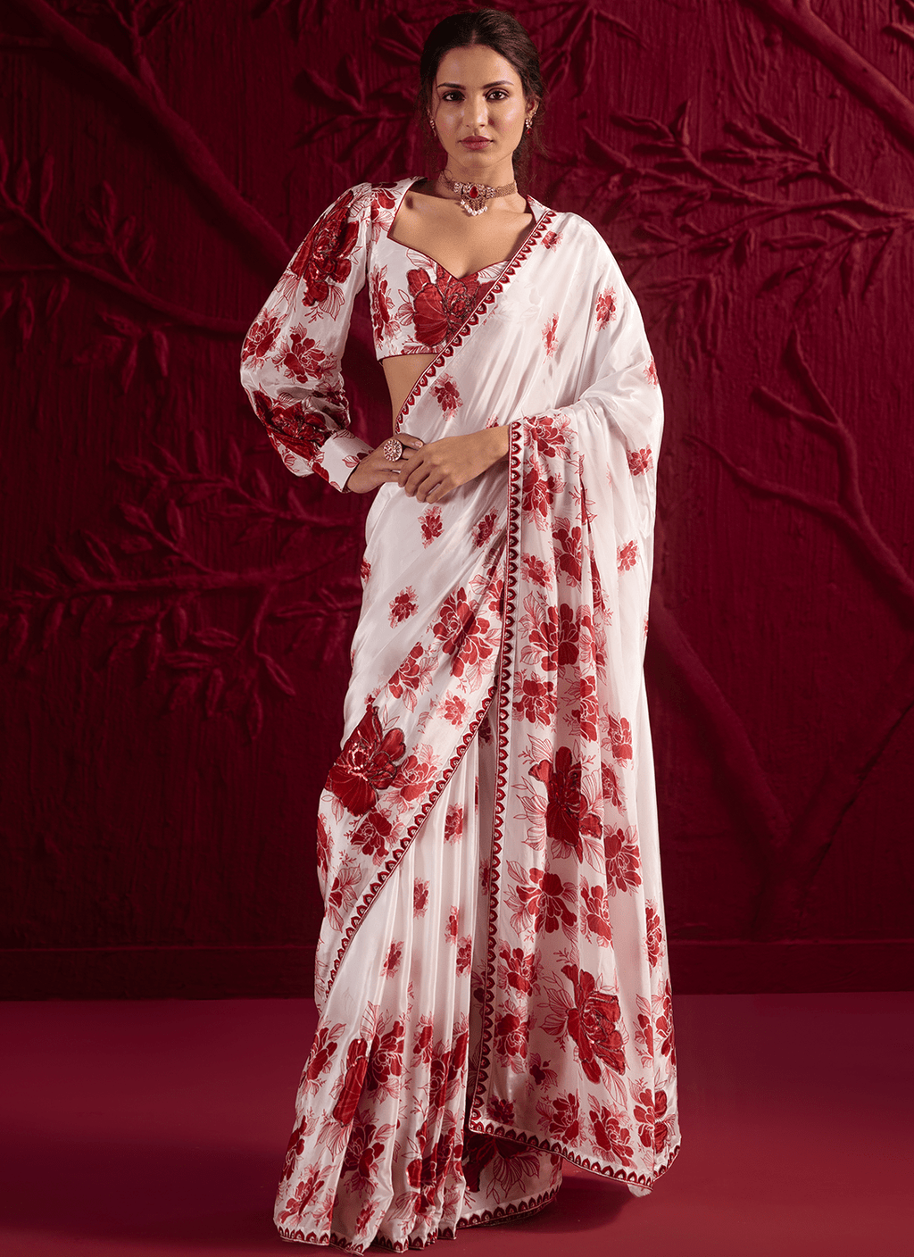 Off White Floral Embroidered Crepe Silk Saree