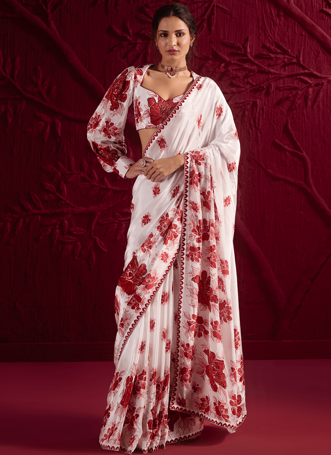 Off White Floral Embroidered Crepe Silk Saree