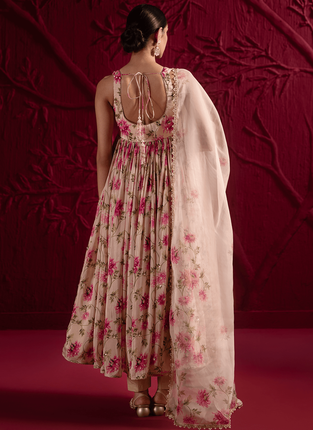 Off White Floral Embroidered Silk Anarkali