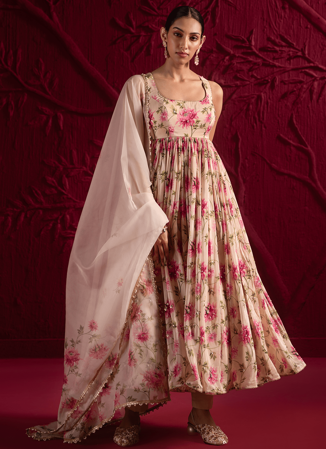 Off White Floral Embroidered Silk Anarkali