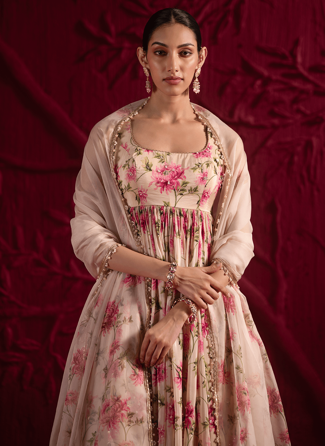 Off White Floral Embroidered Silk Anarkali
