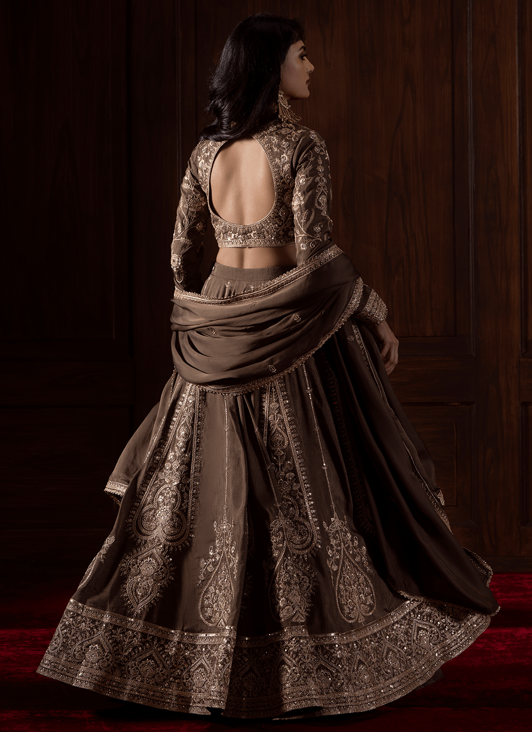 Olive Brown Embroidered Silk Lehenga