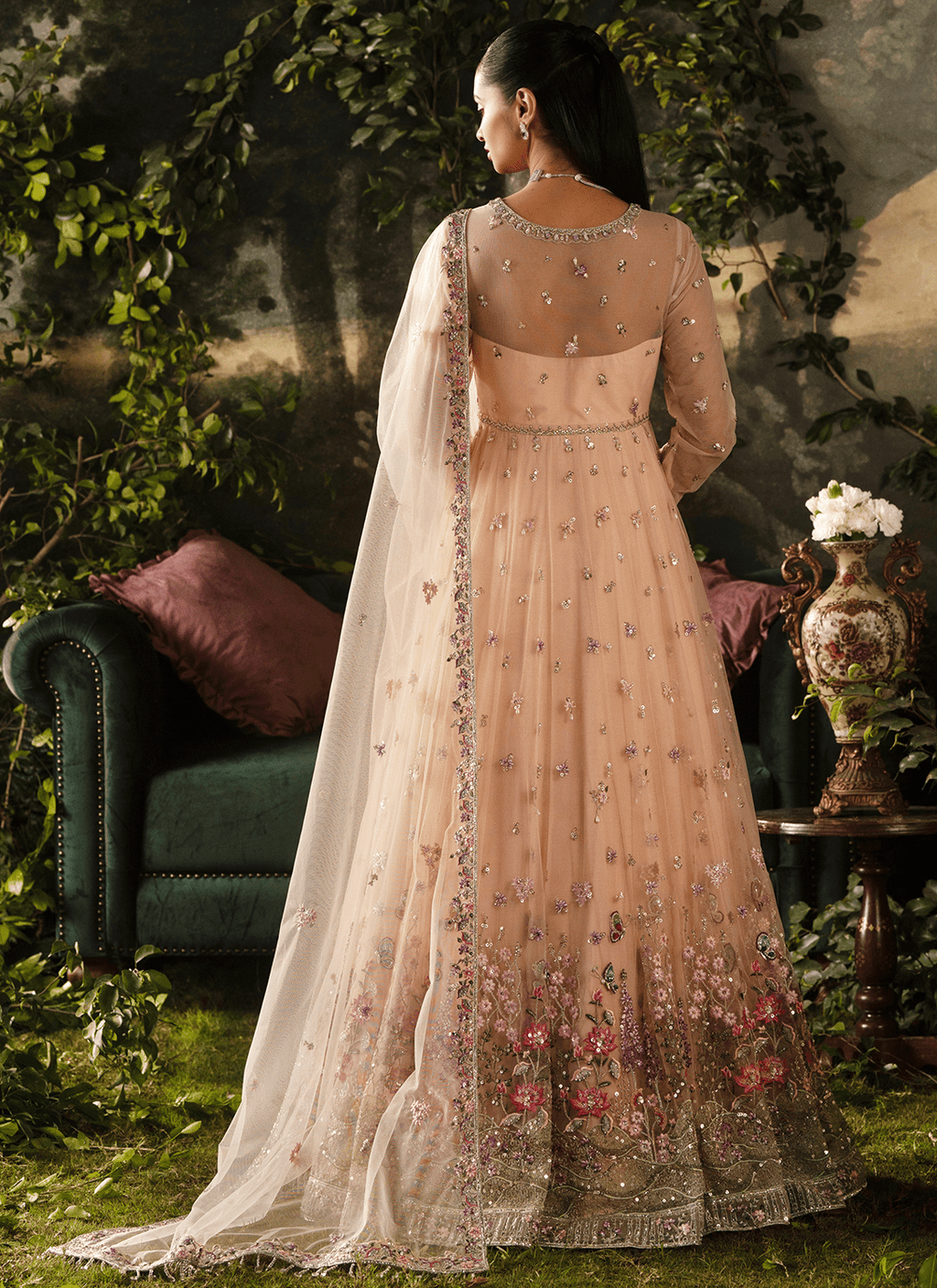 Peach Embroidered Net Anarkali