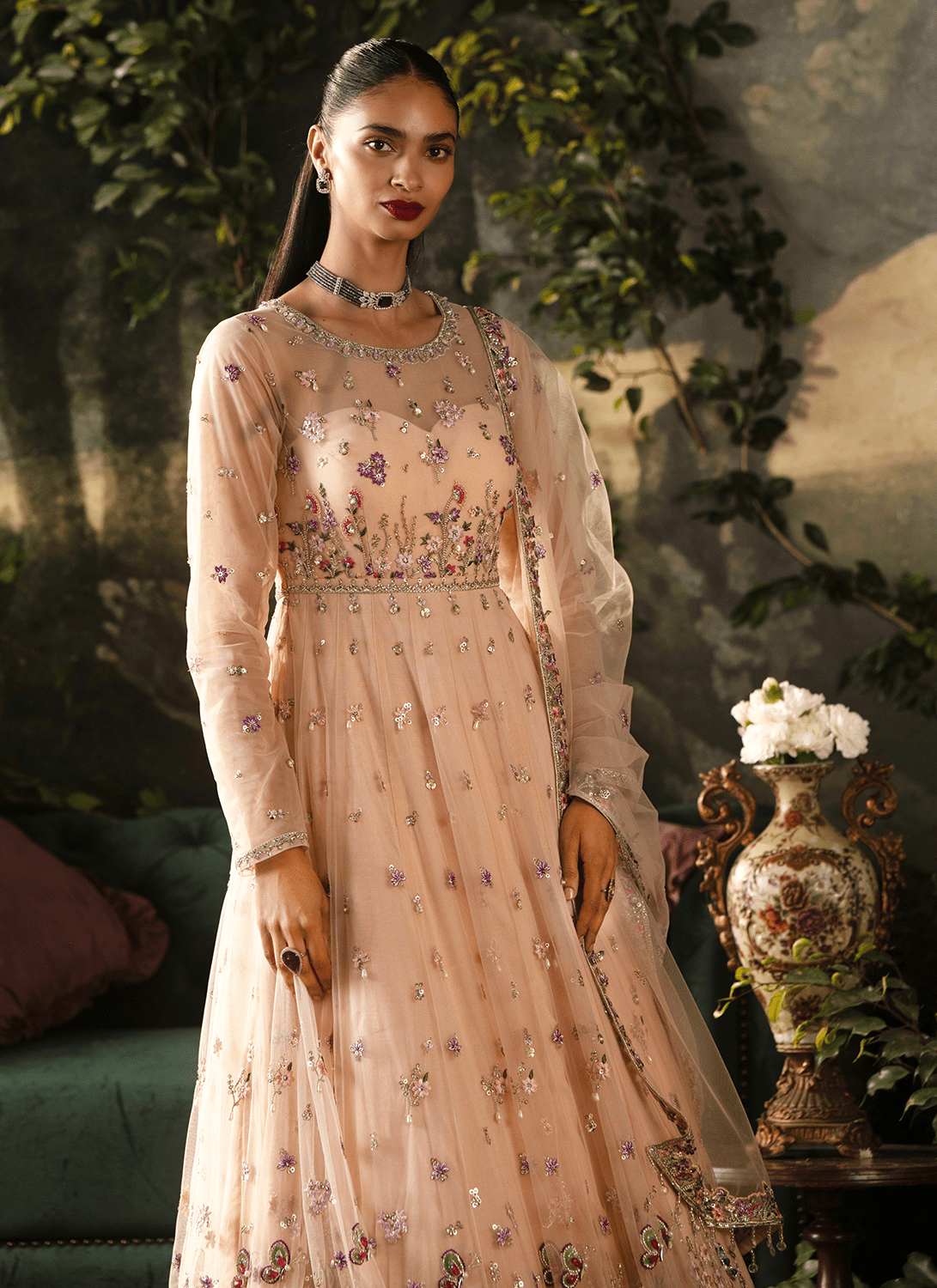 Peach Embroidered Net Anarkali