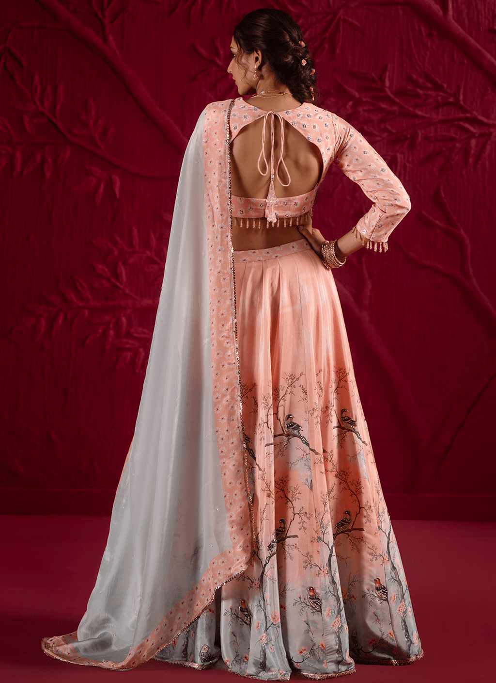 Peach Floral Embroidered Crepe Silk Lehenga