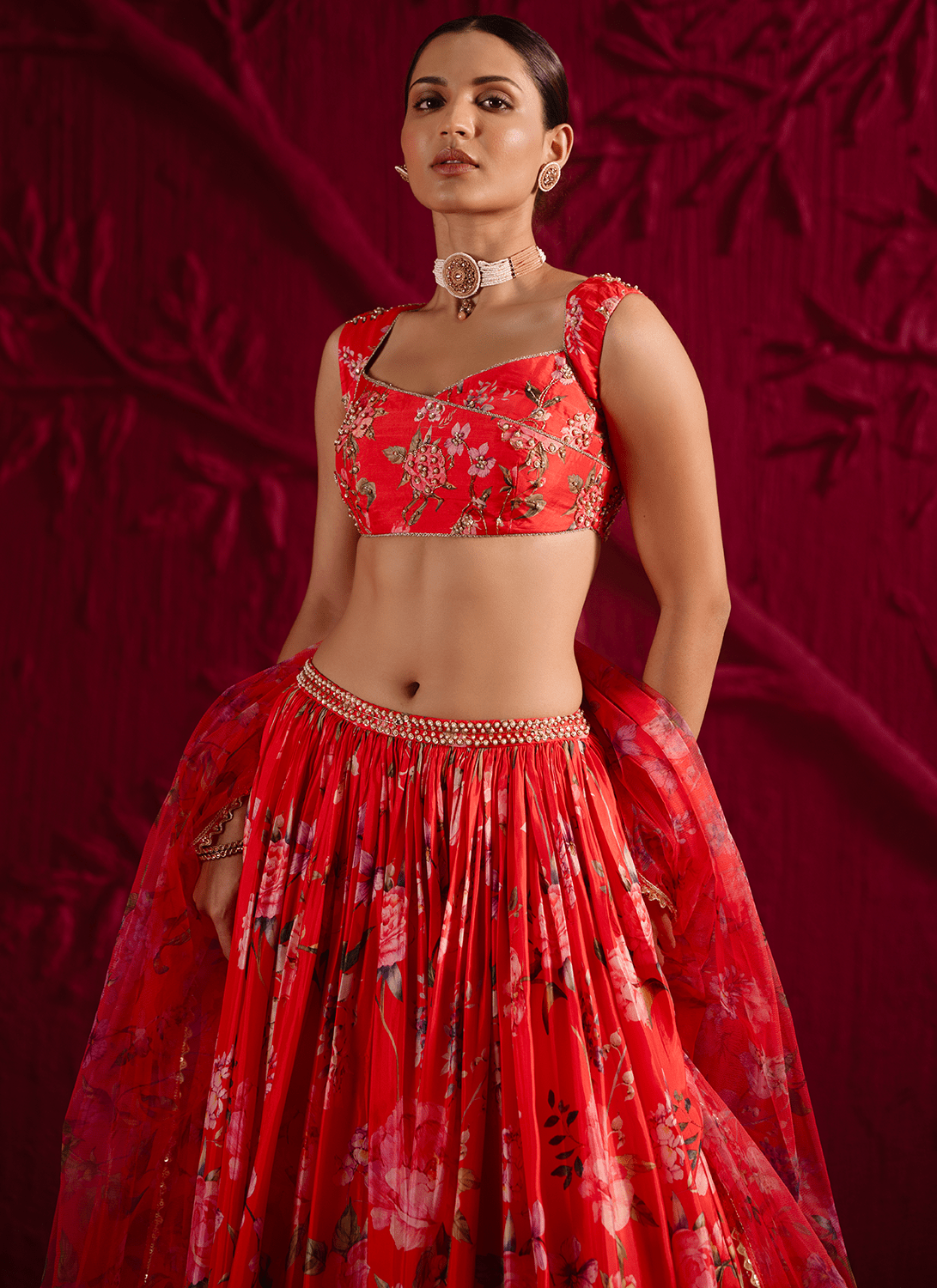 Red Floral Embroidered Viscose Satin Georgette Lehenga