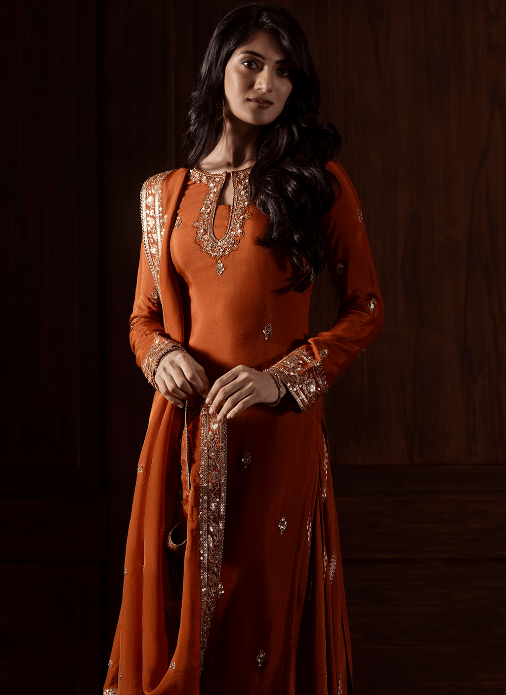 Rust Embroidered Organza Sharara