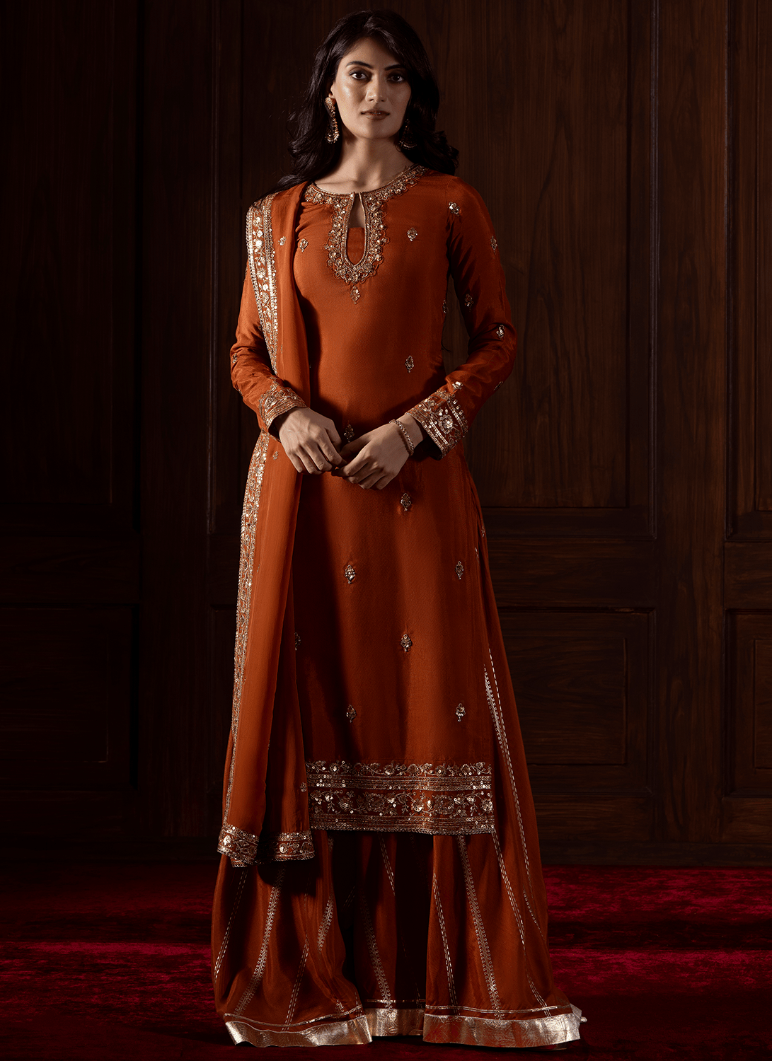 Rust Embroidered Organza Sharara