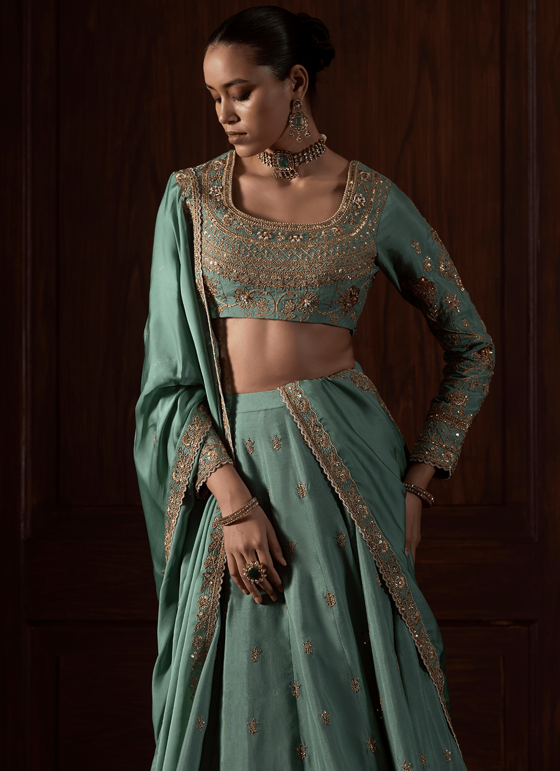 Sea Green Embroidered Organza Lehenga