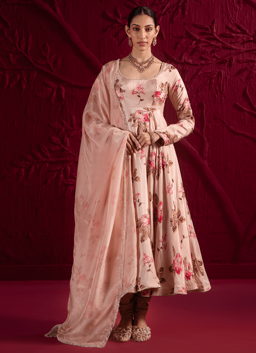 Soft Champagne Pink Floral Embroidered Anarkali