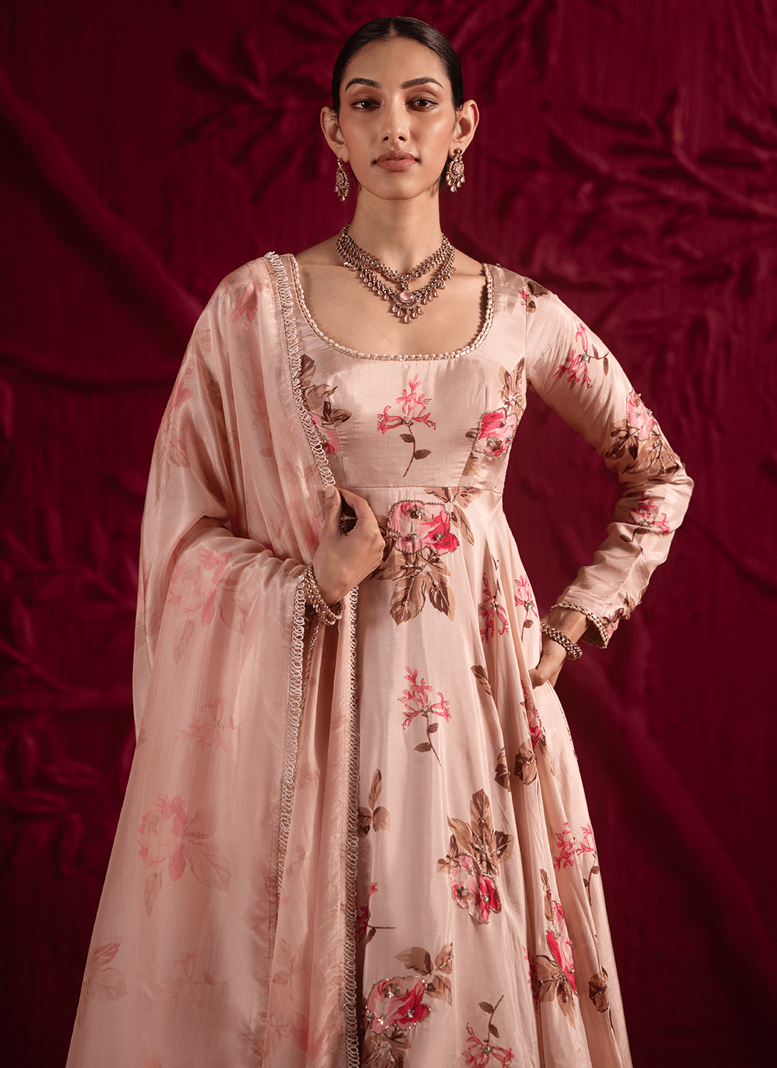 Soft Champagne Pink Floral Embroidered Anarkali