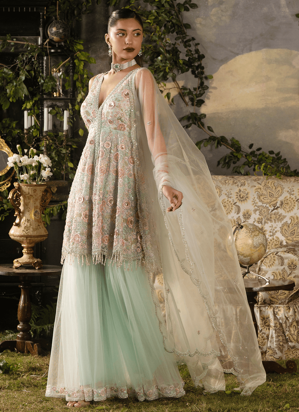 Soft Mint Embroidered Net Gharara