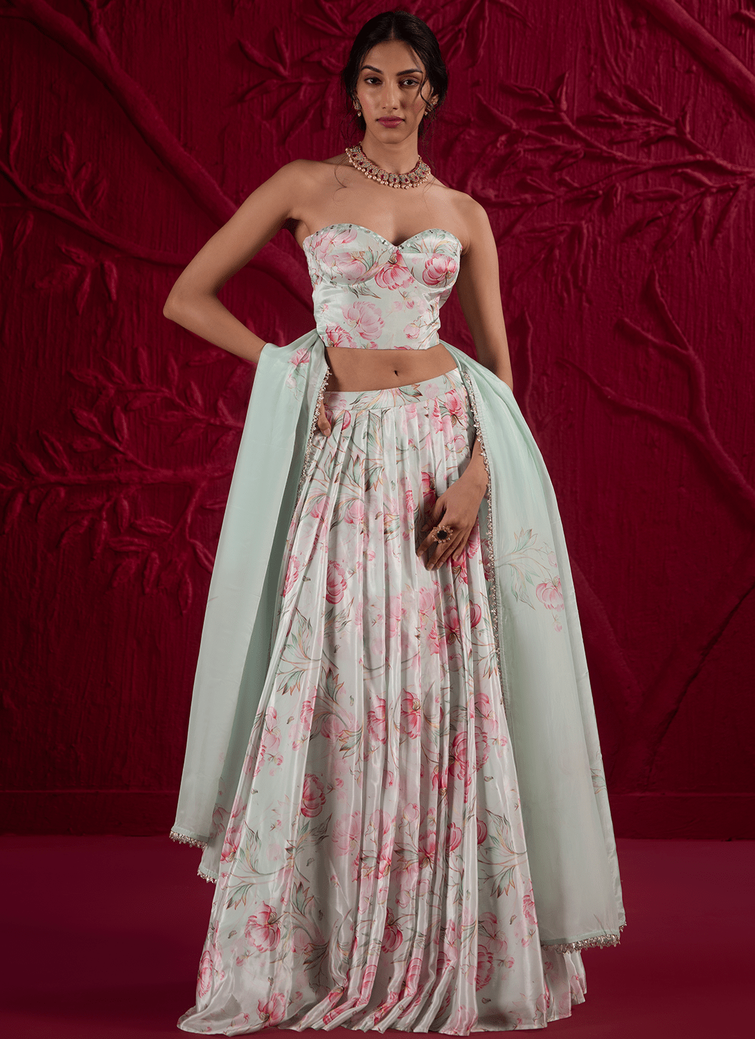 Soft Mint Green Floral Embroidered Crepe Silk Lehenga