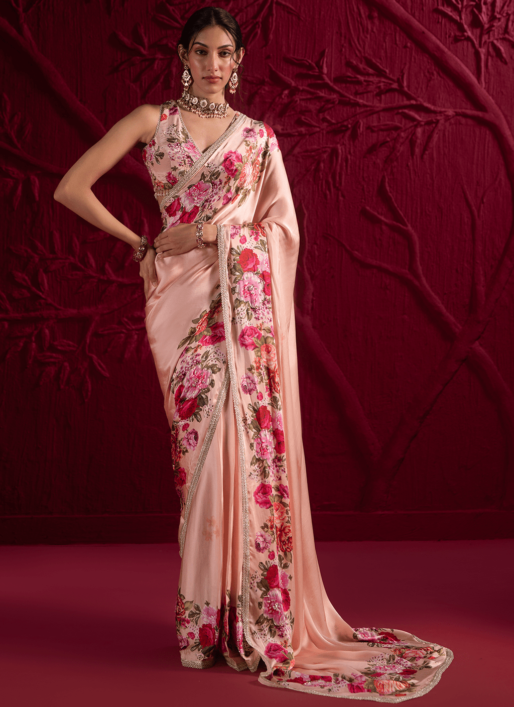 Soft Peach Floral Embroidered Satin Georgette Saree