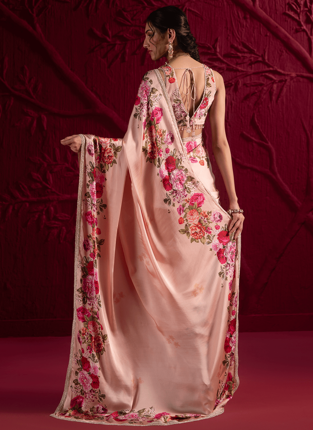 Soft Peach Floral Embroidered Satin Georgette Saree