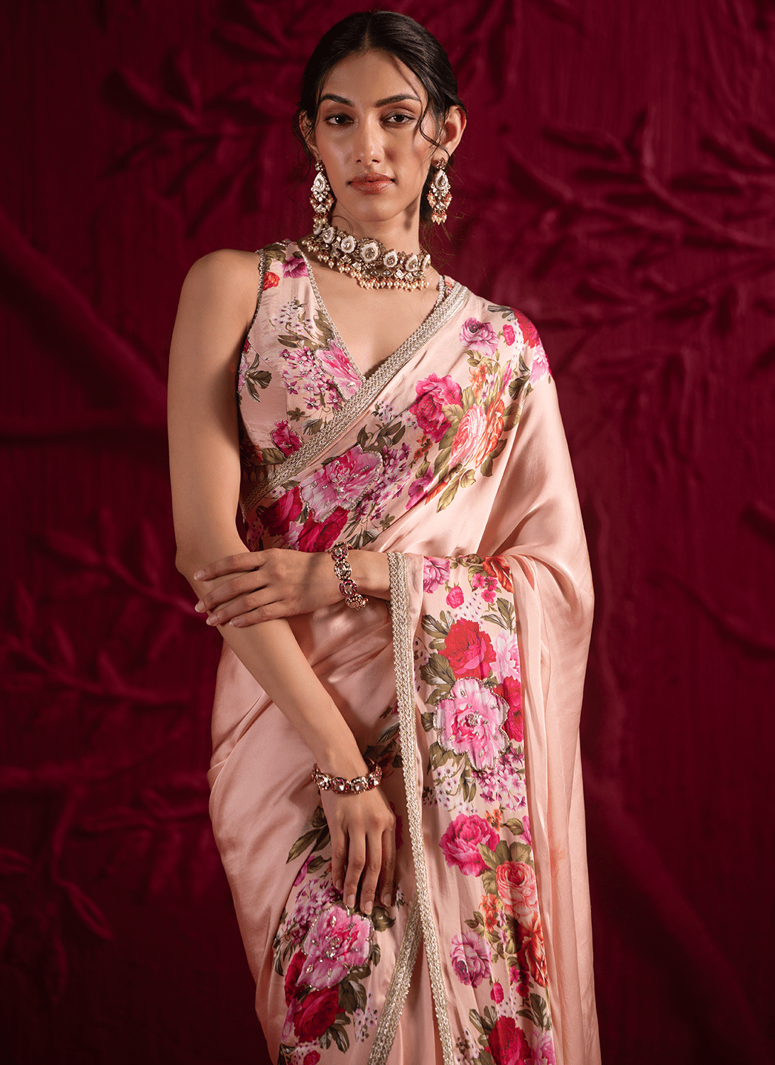 Soft Peach Floral Embroidered Satin Georgette Saree