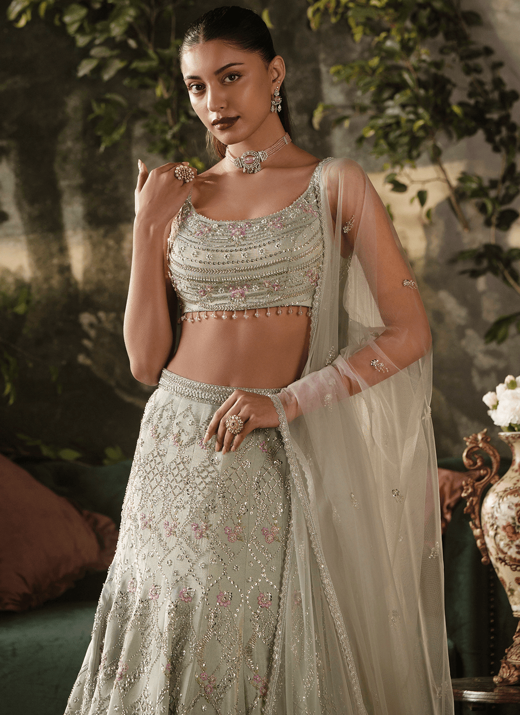 Steel Grey Fishcut Embroidered Tissue Lehenga