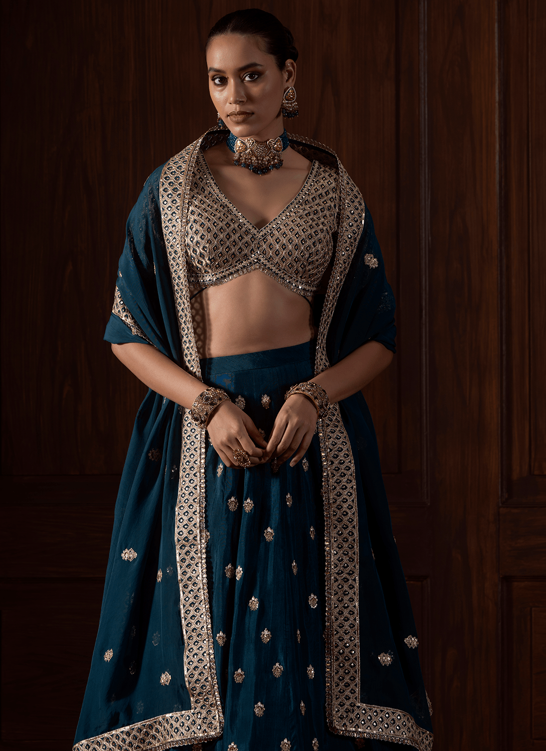 Teal Embroidered Silk Lehenga