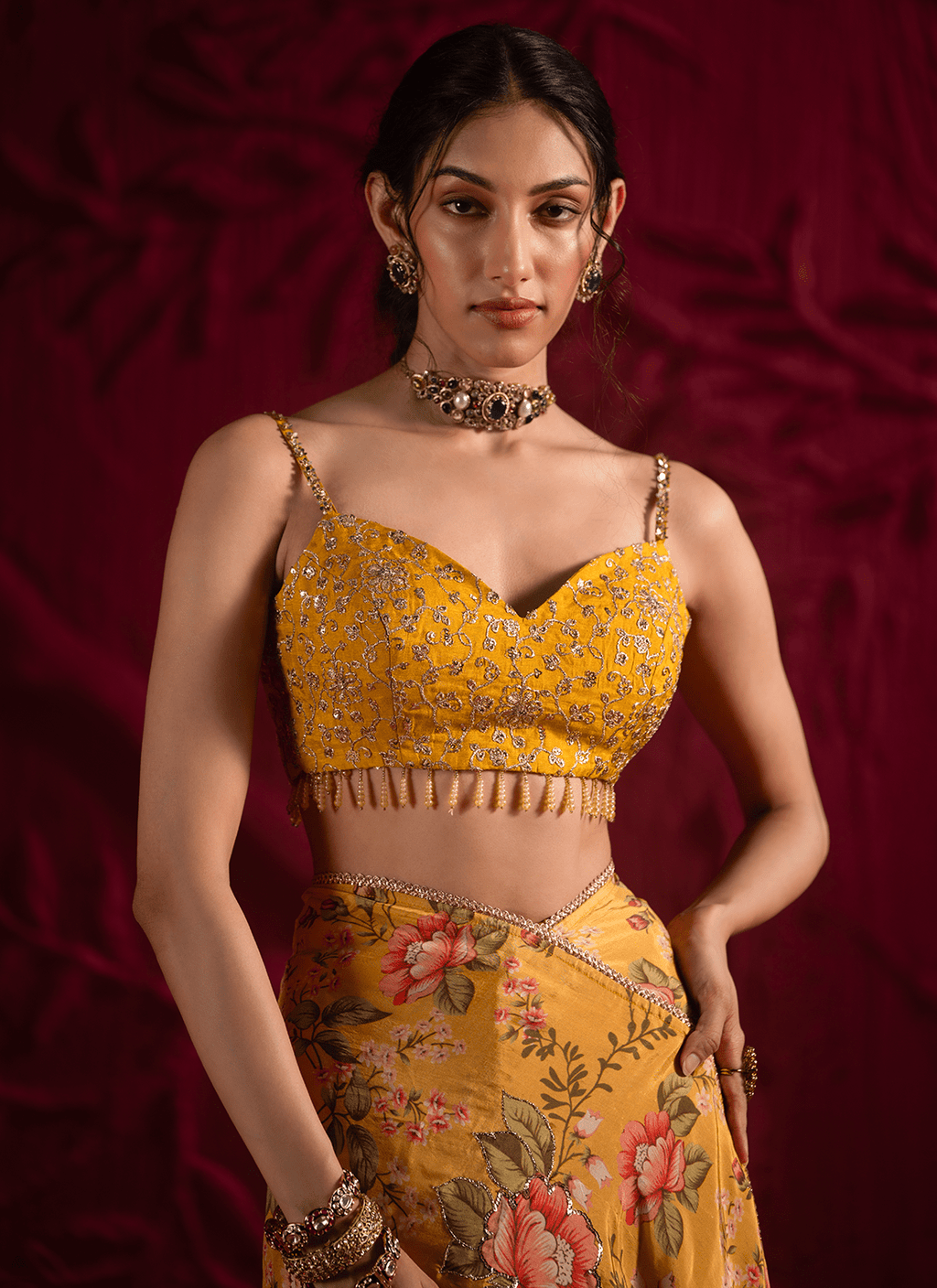 Yellow Floral Embroidered Crepe Silk Saree